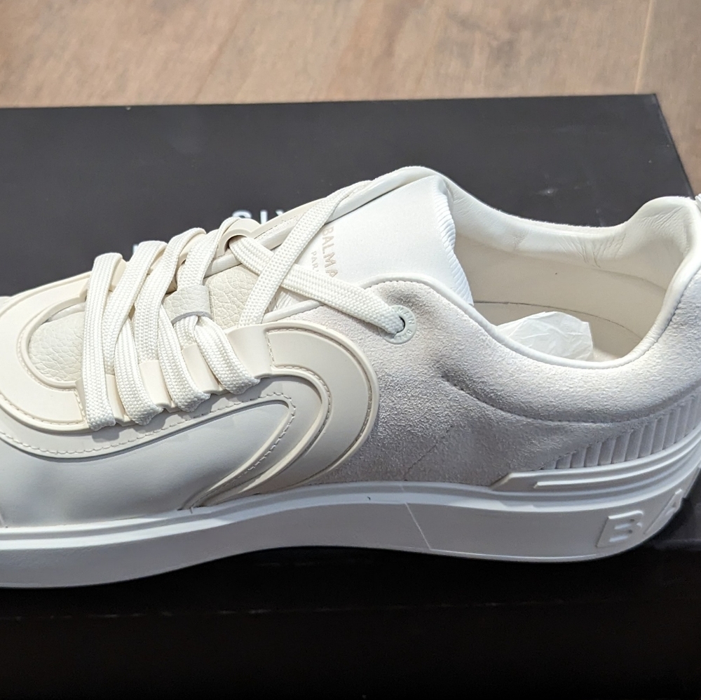 Mens Balmain "B-Skate" Low-Top Sneakers Off-White/White - Picture 3 of 7